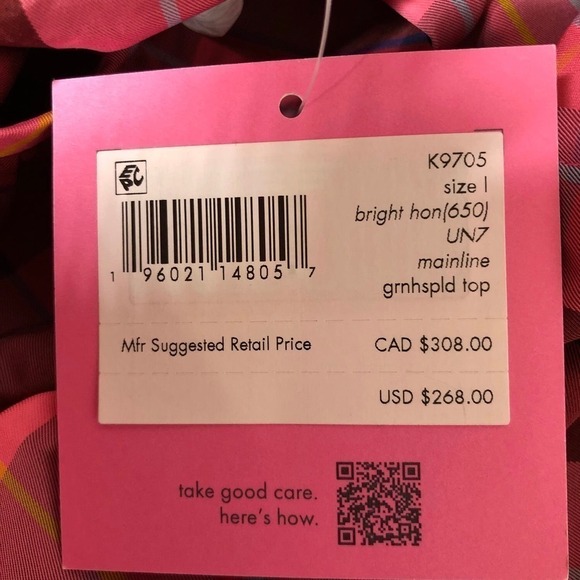 Kate Spade Greenhouse Plaid Top Long Sleeve Pink Red NWT Size Large - Picture 10 of 13